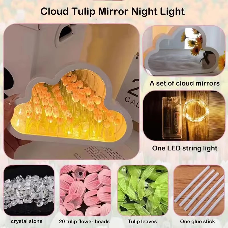 Tulip Garden Cloud Night LED Lights - Enchanting DIY Mirror Decor for Bedrooms, Ideal Gift for Teen Girls, Couples, and Kids