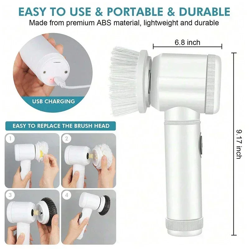 Electric Cordless Spin Scrubber with Five Replaceable Brush Heads for Efficient Bathroom Cleaning