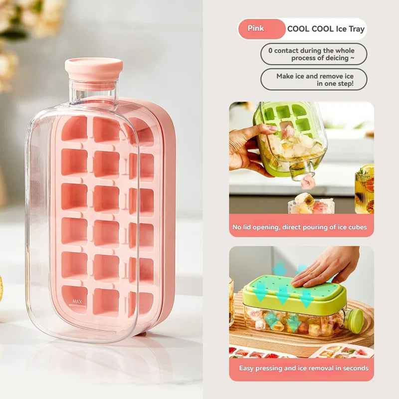 2-in-1 Water Bottle Ice Cube Tray with Lid, Ice Cube Bottle with Lid and Straw, Perfect for Coffee, Juice and Beverages (Pink-800ML)