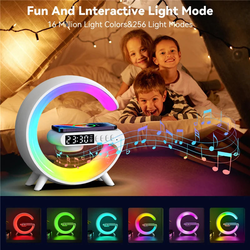 Wireless Charging Stand with Integrated Speaker, TF Card Slot, RGB Night Light, Alarm Clock, and Fast Charging Dock for iPhone, Samsung, and Xiaomi Devices