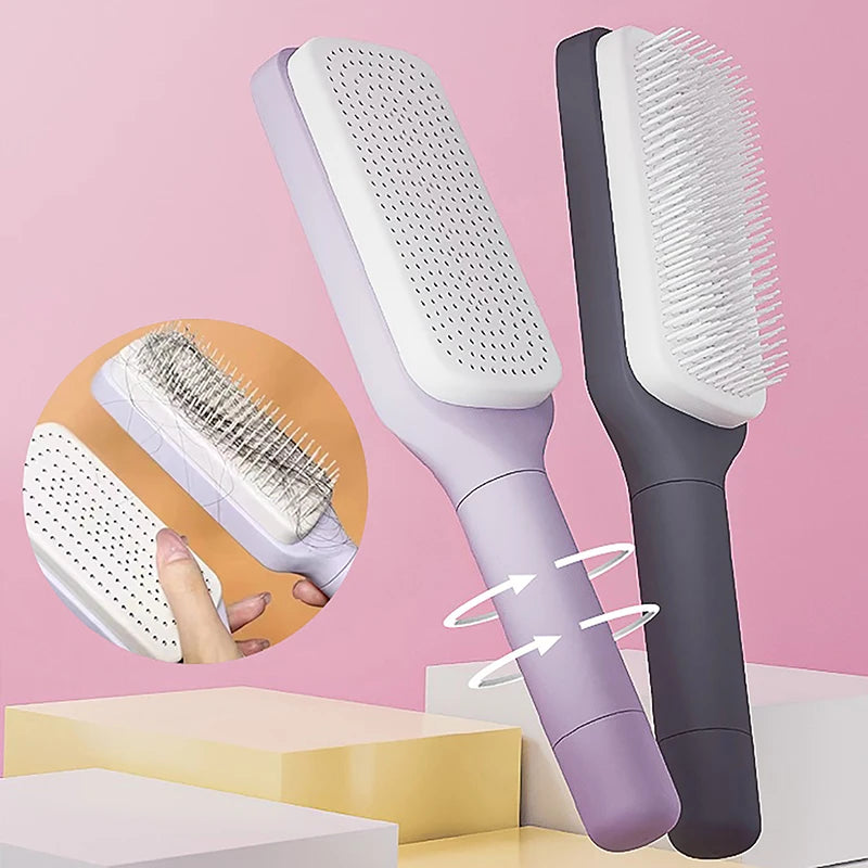 Self-Cleaning Hairbrush for Women with One-Key Cleaning, Scalp Massage, and Anti-Static Features