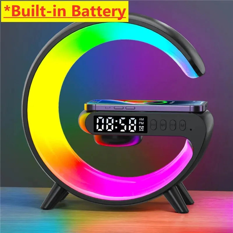 Wireless Charging Stand with Integrated Speaker, TF Card Slot, RGB Night Light, Alarm Clock, and Fast Charging Dock for iPhone, Samsung, and Xiaomi Devices