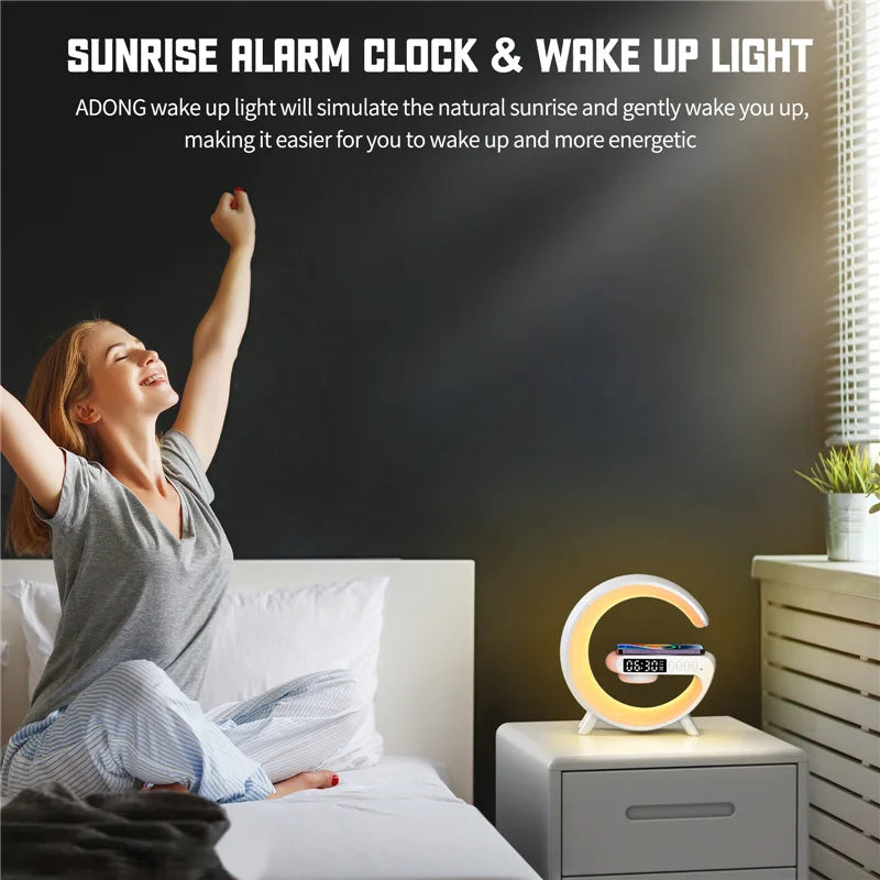Wireless Charging Stand with Integrated Speaker, TF Card Slot, RGB Night Light, Alarm Clock, and Fast Charging Dock for iPhone, Samsung, and Xiaomi Devices