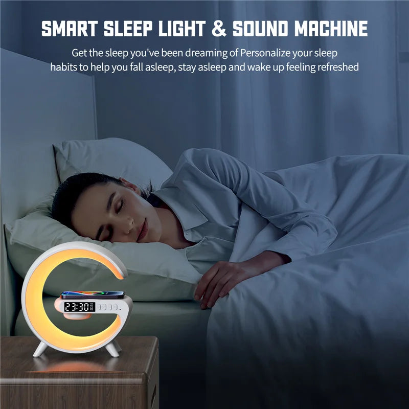 Wireless Charging Stand with Integrated Speaker, TF Card Slot, RGB Night Light, Alarm Clock, and Fast Charging Dock for iPhone, Samsung, and Xiaomi Devices