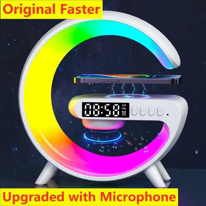 Wireless Charging Stand with Integrated Speaker, TF Card Slot, RGB Night Light, Alarm Clock, and Fast Charging Dock for iPhone, Samsung, and Xiaomi Devices