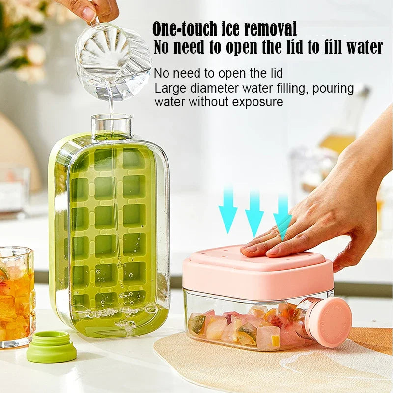 2-in-1 Water Bottle Ice Cube Tray with Lid, Ice Cube Bottle with Lid and Straw, Perfect for Coffee, Juice and Beverages (Pink-800ML)