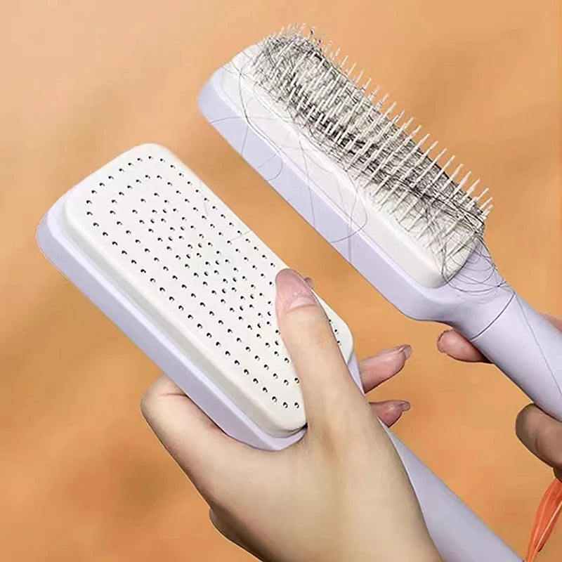 Self-Cleaning Hairbrush for Women with One-Key Cleaning, Scalp Massage, and Anti-Static Features