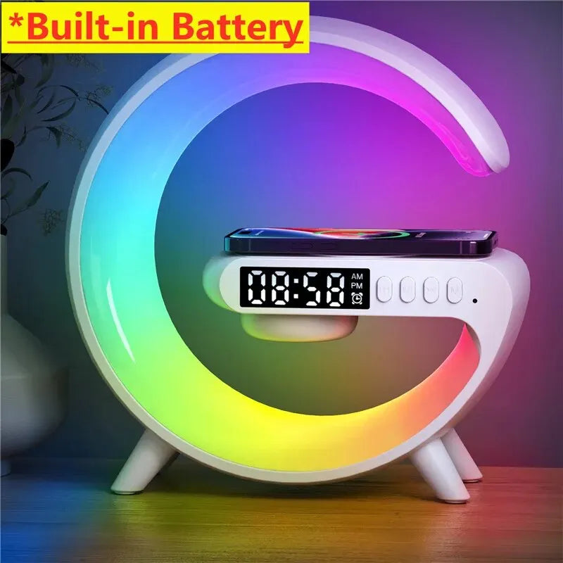 Wireless Charging Stand with Integrated Speaker, TF Card Slot, RGB Night Light, Alarm Clock, and Fast Charging Dock for iPhone, Samsung, and Xiaomi Devices