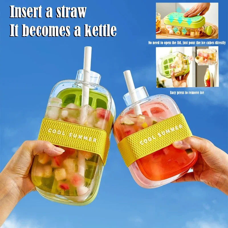 2-in-1 Water Bottle Ice Cube Tray with Lid, Ice Cube Bottle with Lid and Straw, Perfect for Coffee, Juice and Beverages (Pink-800ML)