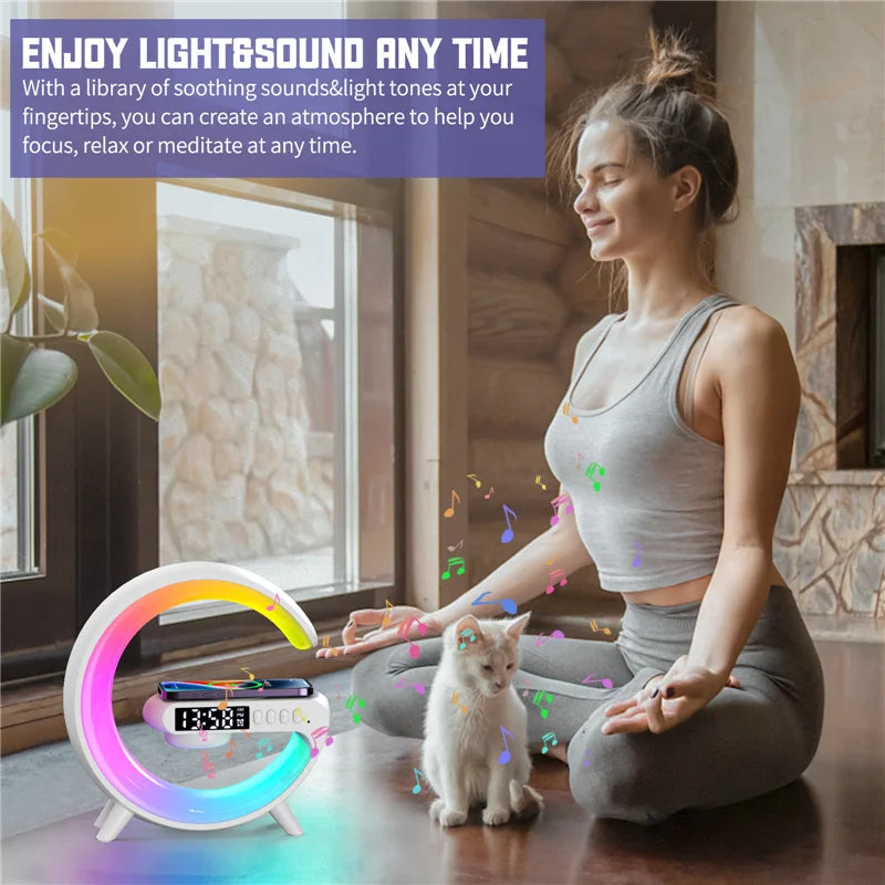 Wireless Charging Stand with Integrated Speaker, TF Card Slot, RGB Night Light, Alarm Clock, and Fast Charging Dock for iPhone, Samsung, and Xiaomi Devices