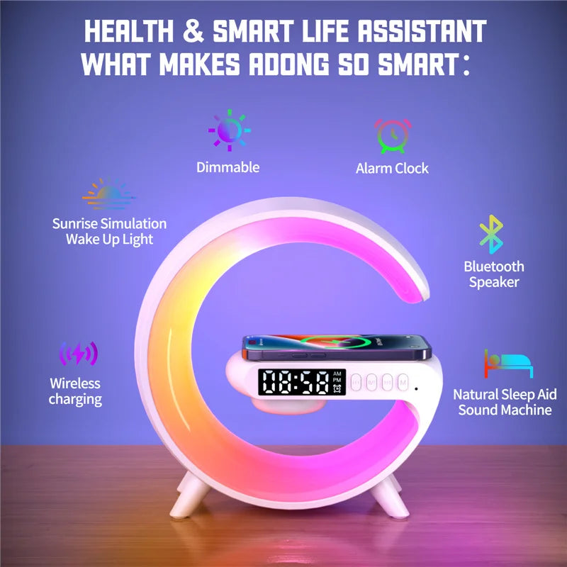 Wireless Charging Stand with Integrated Speaker, TF Card Slot, RGB Night Light, Alarm Clock, and Fast Charging Dock for iPhone, Samsung, and Xiaomi Devices
