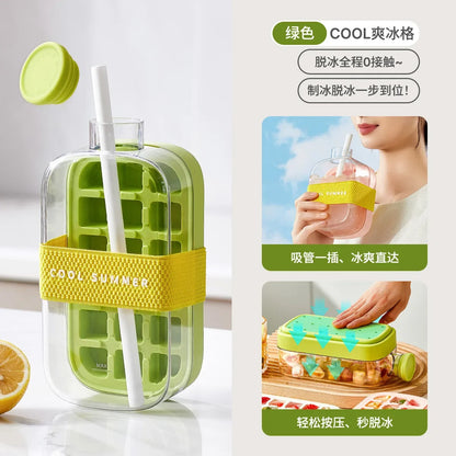 2-in-1 Water Bottle Ice Cube Tray with Lid, Ice Cube Bottle with Lid and Straw, Perfect for Coffee, Juice and Beverages (Pink-800ML)