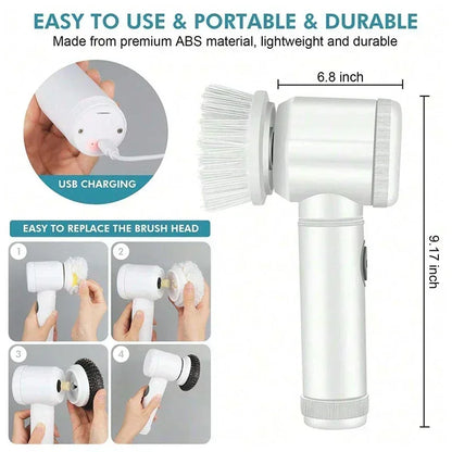Electric Cordless Spin Scrubber with Five Replaceable Brush Heads for Efficient Bathroom Cleaning