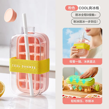 2-in-1 Water Bottle Ice Cube Tray with Lid, Ice Cube Bottle with Lid and Straw, Perfect for Coffee, Juice and Beverages (Pink-800ML)