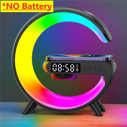 Wireless Charging Stand with Integrated Speaker, TF Card Slot, RGB Night Light, Alarm Clock, and Fast Charging Dock for iPhone, Samsung, and Xiaomi Devices