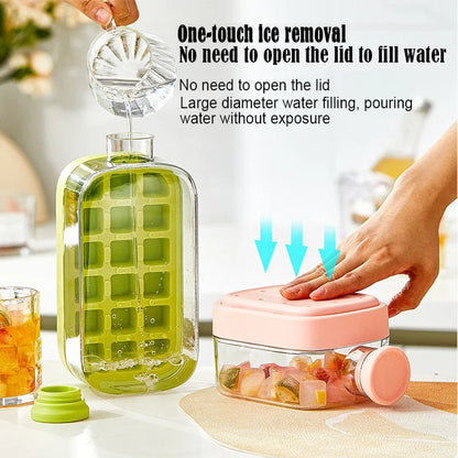 2-in-1 Water Bottle Ice Cube Tray with Lid, Ice Cube Bottle with Lid and Straw, Perfect for Coffee, Juice and Beverages (Pink-800ML)