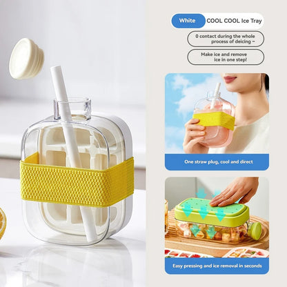 2-in-1 Water Bottle Ice Cube Tray with Lid, Ice Cube Bottle with Lid and Straw, Perfect for Coffee, Juice and Beverages (Pink-800ML)