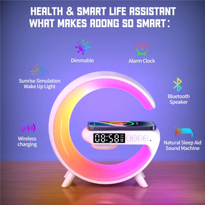 Wireless Charging Stand with Integrated Speaker, TF Card Slot, RGB Night Light, Alarm Clock, and Fast Charging Dock for iPhone, Samsung, and Xiaomi Devices